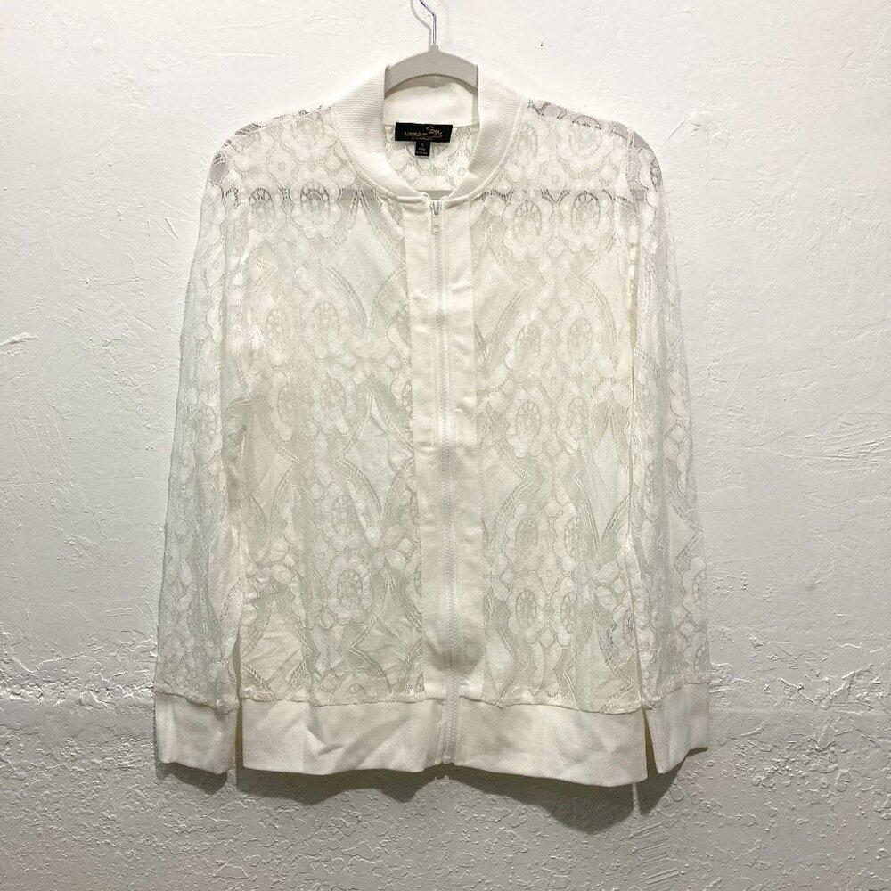 Suzanne Betro Lace Long Sleeve Top Sweater Zip Front Romantic sheer White S